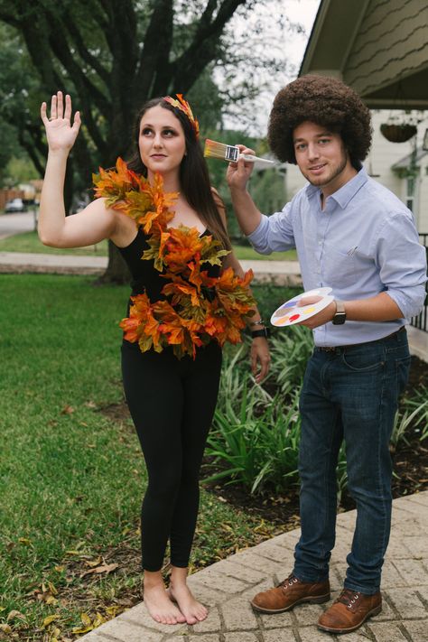 Cute Halloween Costumes Couples Easy Diy, Bob Ross And Tree Costume, Womens Tree Costume, Bob Ross Couples Halloween Costume, Bob Ross And Painting Costume, Bob Ross Happy Tree Costume, Bob Ross And Happy Tree Costume, Diy Tree Costume Women, Happy Little Tree Costume