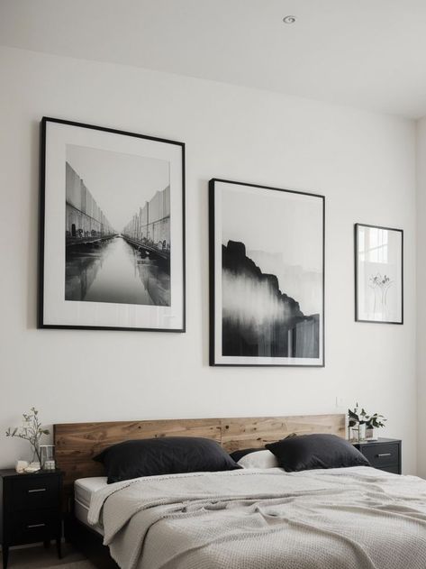 Create a stunning gallery wall above your bed using DIY framed art. Combine pieces of abstract paintings, black and white photographs, and inspirational quotes to add a personal touch to your bedroom decor. Frames Above Bed, Paintings Black And White, Painting Above Bed, Diy Framed Art, Diy Wall Art Ideas, Bedroom Frames, Wall Art Ideas, Above Bed, Black And White Photographs