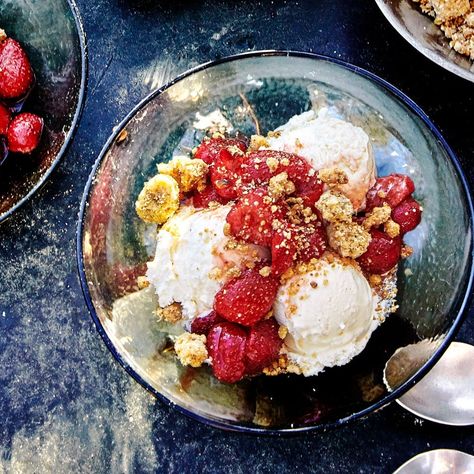 Salted Pistachio Crumbles With Berries and Ice Cream Sundae Recipe | Epicurious Berries Ice Cream, Pistachio Crumble, Ice Cream Sundae Recipe, Sundae Recipes, Raw Pistachios, Bon Appetite Recipes, Dessert Places, Frozen Dessert Recipe, Simple Dessert