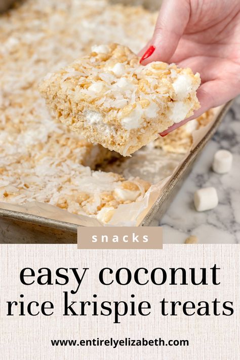 These easy Coconut Rice Krispie Treats are a classic recipe with a tasty twist. Guarantee you will be making memories for generations to come with these. Coconut Rice Krispie Treats Recipe, Coconut Lover's Rice Krispy Treats, Coconut Rice Krispy Treats, Rice Krispie Treats With Marshmallow Fluff, Rice Krispie Treats Coconut, Coconut Rice Crispy Treats, Samoa Rice Krispie Treats Recipe, Coconut Rice Krispie Treats, Deli Desserts