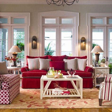 Red-Alert-How-to-decorate-with-white-and-red-15 Red-Alert-How-to-decorate-with-white-and-red-15 Red Couch Decor, Red Couches, Red Sofa Living, Red Sofa Living Room, Red Couch Living Room, Updated Colonial, Country Living Room Design, Colour Harmony, Red Stuff