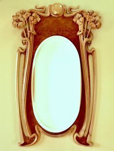 Art Nouveau Mucha, Art Nouveau Interior, Wood Carving For Beginners, Art Nouveau Furniture, Mirrored Picture Frames, Art Furniture Design, Art Nouveau Architecture, Mirror Design Wall, Mirror Shapes