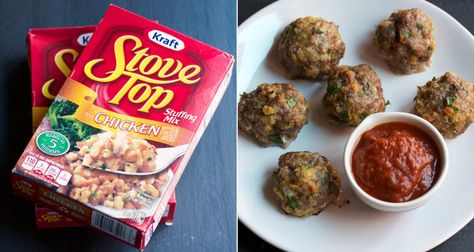 Store-bought stuffing is delicious. Here's how to make it even better. Stovetop Meatballs, Gourmet Thanksgiving, Stove Top Stuffing Meatloaf, Stove Top Stuffing Recipes, Stuffing Balls Recipe, Stove Top Stuffing, Stove Top Stuffing Mix, Thanksgiving Dish, Traditional Thanksgiving Recipes