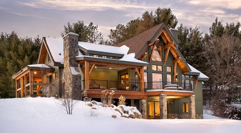 Picture gallery of our award-winning timber frame homes. We design, craft, and install these energy-efficient building envelopes across North America. Timber Frame Floor Plans, Timber Frame Design, Timber Frame House, Rustic Exterior, Lake House Plans, Rustic Home Design, Casa Exterior, Timber Frame Homes, Log Cabin Homes