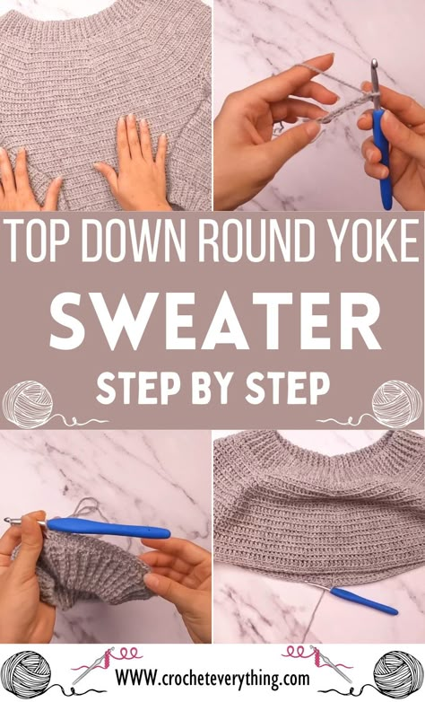 Crochet Top Down Round Yoke Sweater Crochet Round Neck Sweater, Crochet Circular Yoke Sweater, Yoke Down Crochet Sweater, Crochet Sweater Beginner Pattern, How To Crochet A Sweater Free Pattern, How To Crochet Sweater Step By Step, Crochet Round Yoke Pattern Free, Top Down Knitted Sweaters Free Pattern, Round Yoke Crochet Pattern