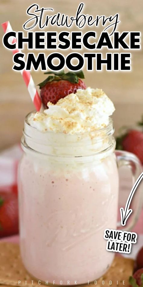 This strawberry cheesecake smoothie is like a luscious slice of strawberry cheesecake in a thick, decadent smoothie! Serve it for breakfast, a snack, or dessert. It’s a little slice of summer all bottled up in a jar! This smoothie is incredibly delicious and will leave everyone begging for more! Strawberry Cheesecake Smoothie, Easy Strawberry Cheesecake, Cheesecake Smoothie, Milkshake Recipes, Strawberry Milkshake, Increased Energy, Strawberry Smoothie, Easy Smoothies, Fruit Smoothie Recipes