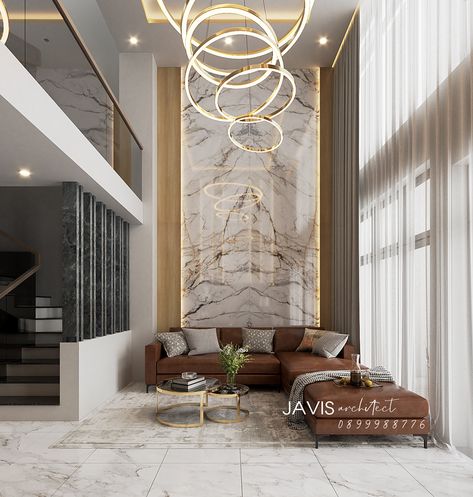 Double Hight House Lobby, Double Volume Feature Wall, Double Highted Hall Design, Double Height Wall Design Modern, Double High Living Room, Duplex House Design Interiors, Double Height Wall Design, High Ceiling Living Room Modern, Luxury Interior Design Living Room