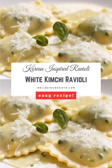 Delight your taste buds with our tantalizing White Kimchi Ravioli, inspired by the flavors of K-drama "Business Proposal"! This fusion dish combines the tangy kick of white kimchi with a creamy parmesan white sauce, creating a culinary masterpiece that's sure to impress. White Kimchi Ravioli, Kimchi Ravioli, White Kimchi Recipe, Parmesan White Sauce, Korean Vegetarian Recipes, White Kimchi, Breakfast Pie, Gathering Ideas, Parmesan Cream Sauce