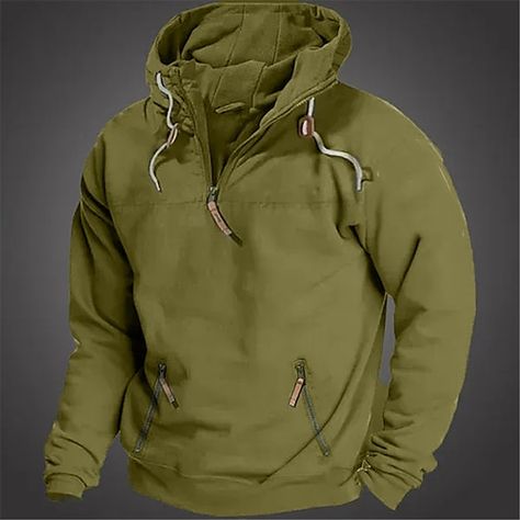 Tactical Hoodie, Holiday Streetwear, Clogs Outfit, Streetwear Winter, Quarter Zip Hoodie, Graduation Outfits, Solid Color Sweater, Black Army, Loose Hoodie