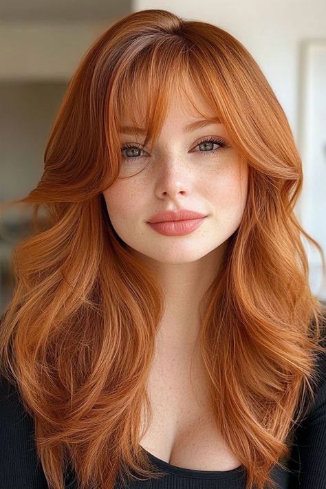 50 Fall Hair Colors to Light Up the Season : Radiant Strawberry Blonde with Soft Layers and Curtain Bangs Long Strawberry Blonde Hair With Bangs, Strawberry Blonde Curtain Bangs, Strawberry Blonde Hair With Blonde, Soft Layers And Curtain Bangs, Ginger Curtain Bangs, Strawberry Dirty Blonde Hair, Dirty Strawberry Blonde Hair, Golden Copper Hair Color, Red Hair Pale Skin