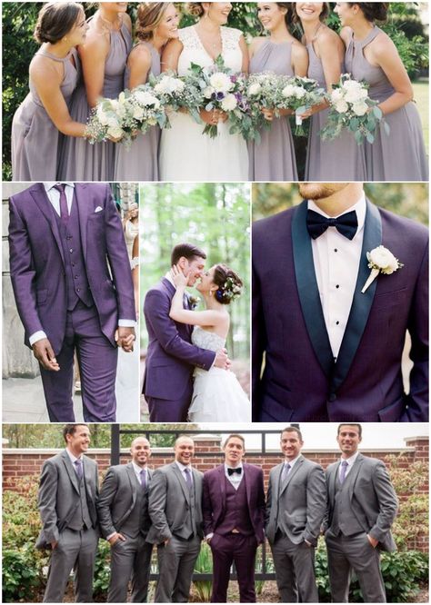 Dark Purple Suit (Groom), Grey Suits (Groomsmen), & Light Purple/Grey Dresses (bridesmaids) Purple And Grey Suit Grooms, Grey And Plum Groomsmen Suits, Gray And Purple Tuxedo Wedding, Purple And Grey Bridesmaid Dresses, Purple Suit For Groom, Gray Suits For Men Wedding With Purple, Purple Bridesmaid Grey Groomsmen, Light Purple Groom Suit, Groom In Purple Suit