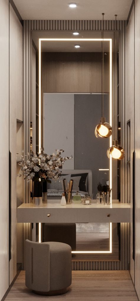 Bedroom Modern Mirror, Dressing Mirrors Modern, Full Size Mirror Dressing Table, Dressing With Mirror Design, Glass Wardrobe With Dressing Table, Dressing Table Closet, Makeup Table Lighting, Bedroom With Wardrobe And Dressing Table, Dresser Design Ideas Modern