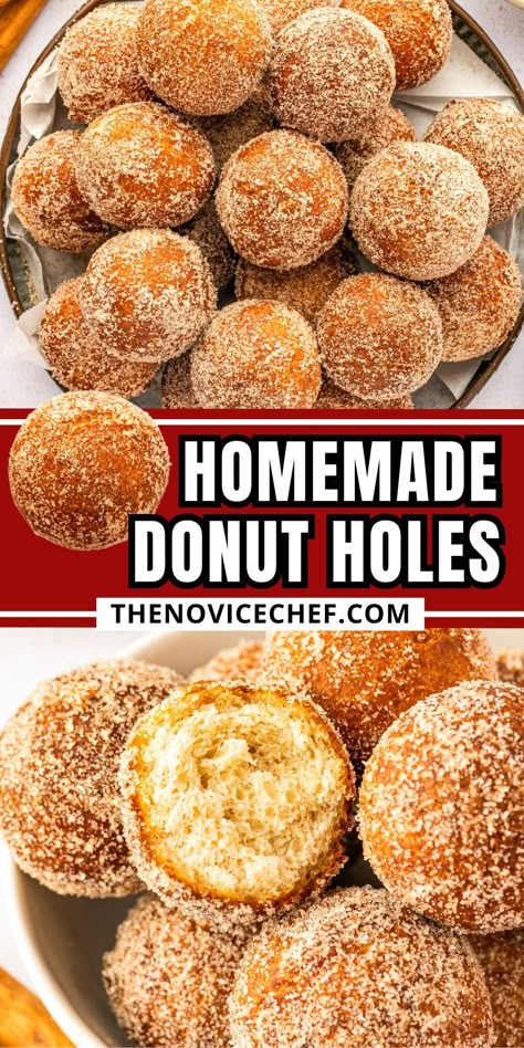 These fluffy and golden fried donut holes are coated with sweet cinnamon sugar! Freshly made and served with coffee, these homemade donut holes will disappear quicker than you can make them. Homemade Fried Donuts Recipes, Sugar Donuts Recipe Easy, Homemade Mini Donuts Recipes, Fried Donuts Homemade, Donut Holes Recipe Baked, Homemade Donuts Recipe Easy Fried, Deep Fried Donuts Easy, Doughnut Holes Recipe Easy, Easy Donut Holes Baked