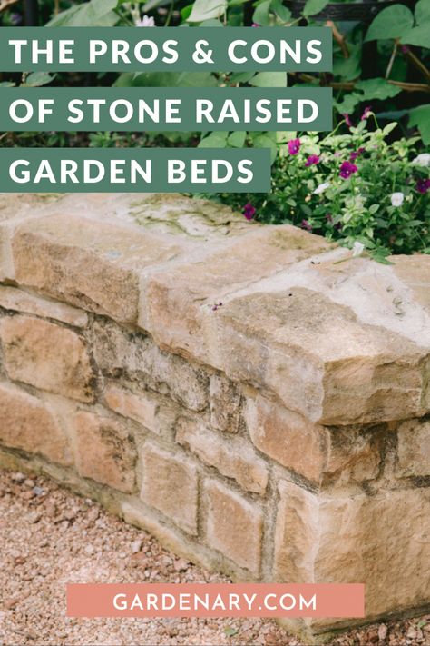 The Pros and Cons of Stone Raised Garden Beds • Gardenary Raised Paver Garden Beds, Raised Flower Beds In Front Of Porch, Front Raised Flower Bed Ideas, Stone Raised Beds Landscaping, Stone Garden Beds Landscaping, Paved Garden With Raised Beds, Cement Raised Beds, Raised Stone Flower Beds In Front Of House, Stone Vegetable Garden