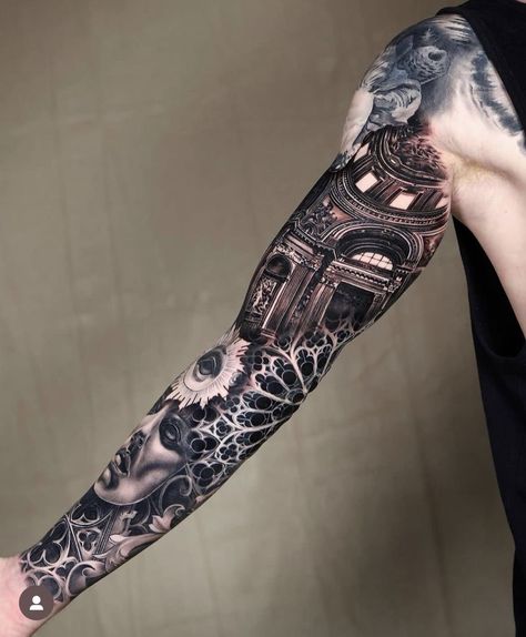 Tattoo Patterns For Men, Cathedral Tattoo, Tatuaje Trash Polka, Left Arm Tattoos, Best Leg Tattoos, Spartan Tattoo, Full Leg Tattoos, Skull Sleeve Tattoos, Forearm Band Tattoos