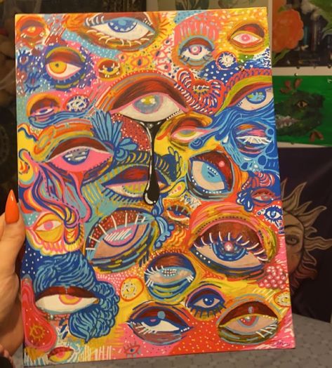 Old piece, sold and gone, almost forgot about her 👁️🌈 . . . . . . #eyes #eyeart #artistsoninstagram #art #painting #acylicpainting #acrylic #trippy #trippyart #weirdart #soldpainting Eye Painting Trippy, Trippy Eye Art, Trippy Eye Painting, Trippy Art Ideas, Weird Art Painting, Eyes Trippy, Eyeball Painting, Trippy Draws, Trippy Paintings