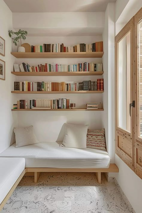 Library Wall With Reading Nook, Small Unit Decor Ideas, Reading Nook With Bookshelves, Small Room Shelving Ideas, Library Small Room, Book Shelves Bedroom, Reading Nook Small Space, Library In Bedroom, Small Nook Ideas