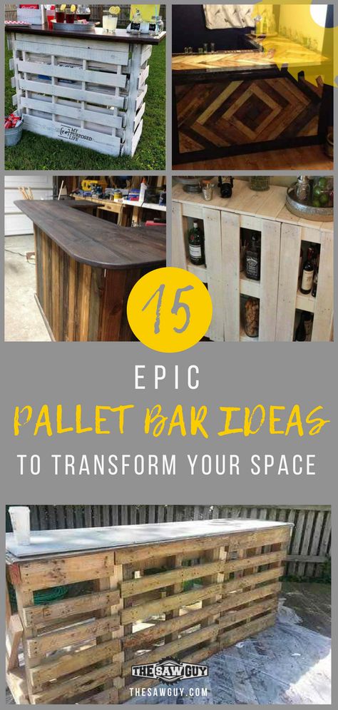 Looking to upgrade happy hour at home?  How about a custom bar made from recycled wood pallets?  Check out our 15 epic pallet bar ideas that are guaranteed to transform your space.  #DIYbarcounter #DIYpalletbarcounter #DIYbarcounterideas #outdoorbarcounter #outdoorbarideas #palletfurnitureideas Bar From Pallets Diy, Bar Made Of Pallets, Palet Bar Ideas Diy Projects, Pallet Board Bar, Palette Bar Outdoor, Pallets Bar Ideas, Rustic Pallet Bar Ideas, Easy Pallet Bar Diy Projects, Bar Out Of Pallets Diy