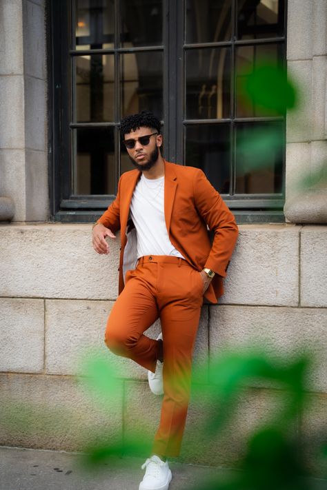 Men Suits Prom, Sneaker Ball, Sunset Dinner, Black Outfit Men, Orange Suit, Suits Prom, Big Men Fashion, Wedding Outfit Men, Black Men Fashion Swag