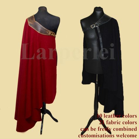 A half-coat made of broadcloth and oiled leather, for the colder season. It closes with a buckle and can be worn diagonally falling over the shoulder or as either a high standing collar cape with the opening on the front. Dress Size: one size fits all Leather thickness : 1.6-2 mm Material: 50 % pure new wool, 50% leather, contains non-textile parts of animal origin  Design by Runa - Rian Armor Clothing, Larp Costume, Concept Clothing, Standing Collar, Fantasy Clothing, Women's Costumes, Fantasy Fashion, Character Outfits, Cloak