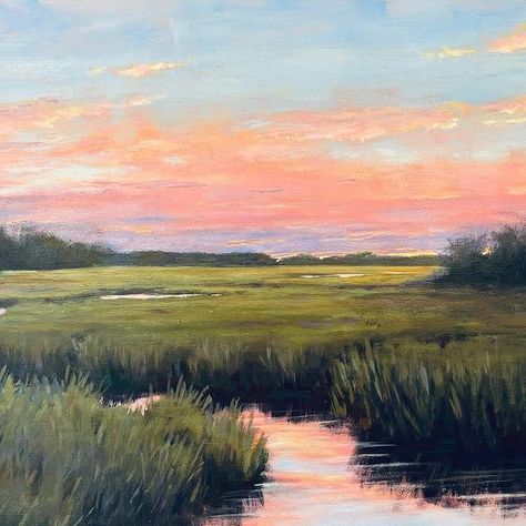 Margaret Babbitt Studio | Thinking this is done - moving it to the side to sit a for a bit. Golden Morning, 20x28 acrylic . . #coastal #marsh #skylovers… | Instagram Marsh Acrylic Painting, Sunset Marsh Painting, Salt Marsh Painting, Coastal Painting Ideas, Marsh Artwork, Painting Inspo Acrylic, Marsh Watercolor, Marsh Pictures, Cloud Painting Acrylic