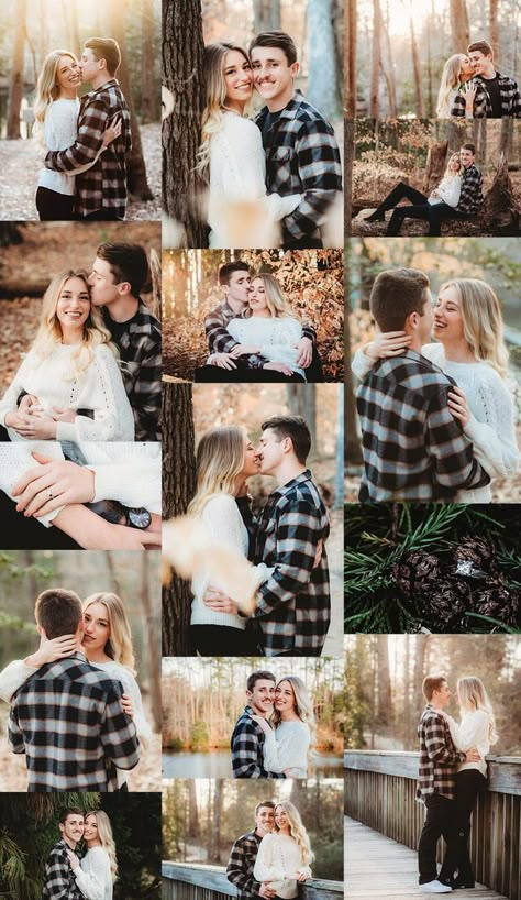 Couples Photo Session Poses, Engament Picture Ideas Fall, Engagement Photo Settings, Cute Fall Engagement Pictures, Cute Fall Engagement Photos, Engagement Photos Outfits Outdoor, Woods Couple Pictures, Wooded Engagement Photos Fall, Fall Woods Engagement Pictures