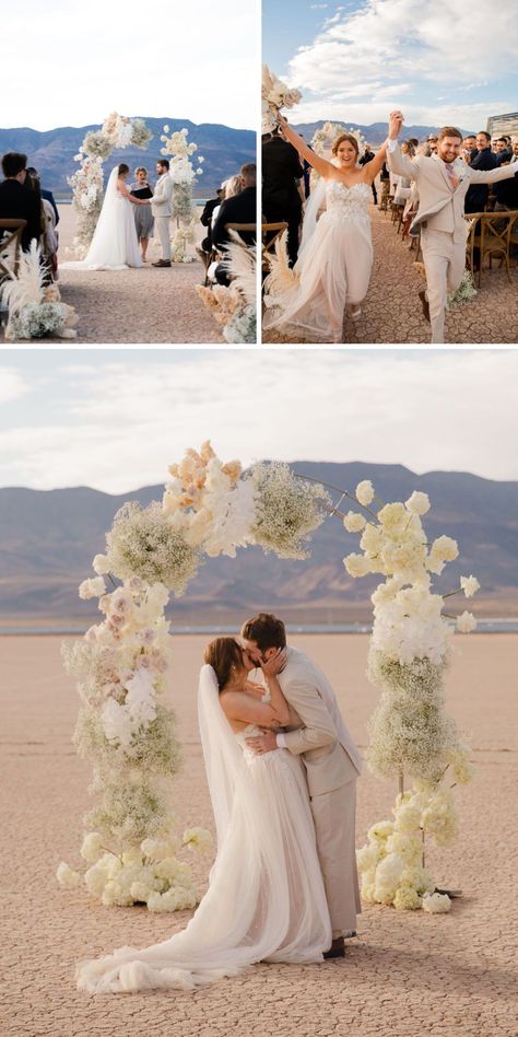 Minimalist Wedding Elopement in Vegas | Dream ideas for weddings | Vegas Wedding Planner. With the backdrop of a stunning dry lake bed in Las Vegas, you'll create a breathtaking, modern desert wedding that's sure to leave every guest spellbound. Find monochromatic wedding tablescape, minimalist wedding invitation modern, monochromatic wedding white and dry lake bed wedding. Book us to plan your dream desert wedding in Las Vegas at emberandstoneevents.com. Dry Lake Bed Wedding, Minimalist Wedding Invitation Modern, Wedding In Las Vegas, Las Vegas Desert, Dry Lake Bed, Monochromatic Wedding, Ideas For Weddings, Las Vegas Party, Dream Ideas