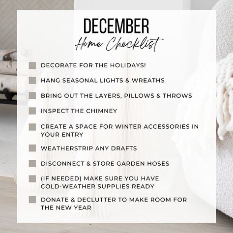 It's time for your December home checklist! 🏡 December is a busy month, so this month's checklist has a little bit of everything. The holiday season is here, the weather is changing and the new year is right around the corner! Spend some buttoning up your home for the season and then have some fun! Bring out the holiday decor and enjoy the last month of the year! ✨ Brenda Ames, Broker, ABR, GRI, New Home Sales (832) 643-1458 brenda@bamesrealty.com Brenda Ames & Associates, LLC New Year Realtor Post, Realtor December Marketing, New Year New Home Real Estate, 12 Days Of Christmas Real Estate, Hello December Real Estate, Realtor New Years Marketing, December Realtor Posts, Christmas Real Estate Posts, December Real Estate Posts