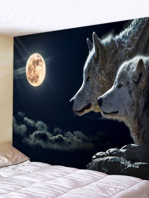 Wolf Moon Art, Wall Tapestry Decor, Night Wolf, Blanket On Wall, Cheap Wall Tapestries, Wolf Print, Moon Tapestry, Tapestry Wall Art, Wolf Moon