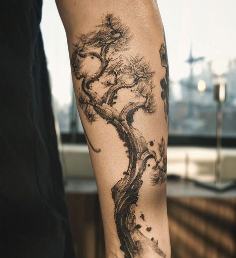 Tatuaje Studio Ghibli, Pine Tattoo, Tree Tattoo Men, Mangas Tattoo, 12 Tattoos, Men Tattoos Arm Sleeve, Tattoo Inspiration Men, Tree Tattoo Designs, Warrior Tattoo