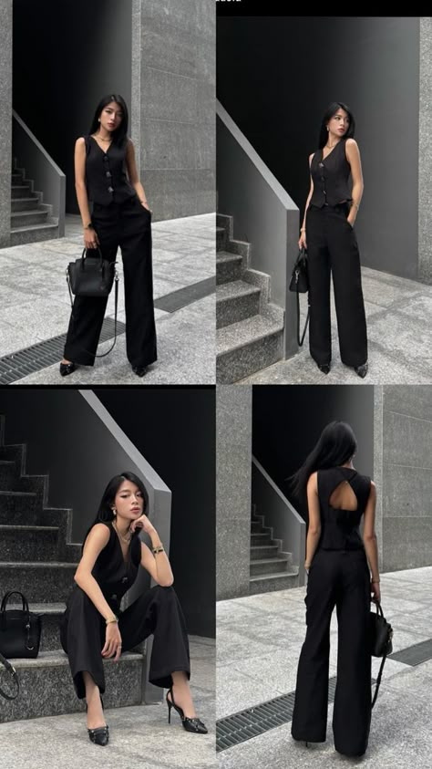 Pose In Blazer For Women, Formal Outfit Poses For Women, Semi Formal Black And White Outfits, Semi Formal All Black Outfits For Women, Formal Korean Outfits For Women, Semi Formal Black Outfit, Blazer Poses Women, Formal Attire Women Classy, Formal Korean Outfit