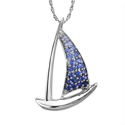 14K White Gold Graduated Blue Sapphire Sailboat Pendant Exquisite Blue Pendant Jewelry, Luxury Sapphire Round Pendant Jewelry, Exquisite Sapphire Pendant Jewelry, Luxury Sapphire Pendant Jewelry, Luxury Blue Pendant Gemstones, Ocean Jewelry, Symbolic Jewelry, Gems Jewelry, Fast Fashion