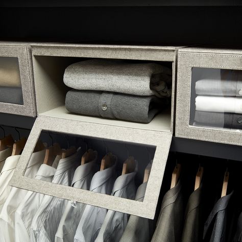 Drop-Front Shirt and sweater boxes are the perfect way to protect your clothes while giving your closet a more uniform look. Mens Closet Organization, Organize Closet Space, Closet Organization Bins, Master Closet Organization, Messy Closet, Closet Clutter, Sweater Storage, Closet Rods, Space Saving Hangers