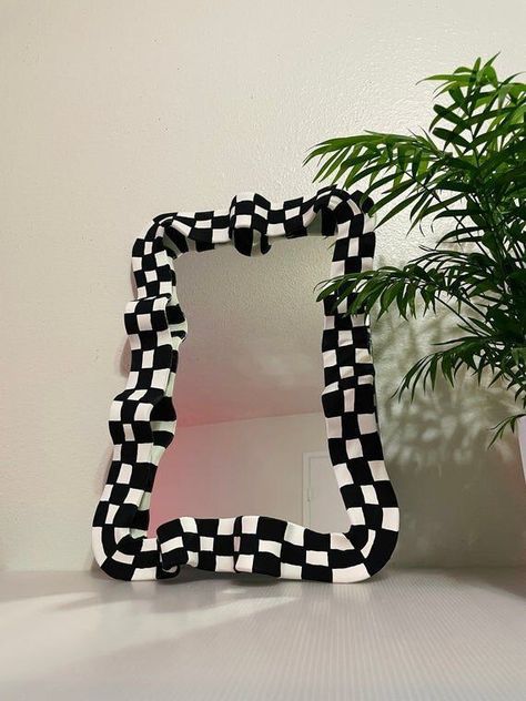 #miror #black #white #ceramic #decoration Creative Mirror Frame Ideas, Checkered Mirror, Wiggle Mirror, Disco Letters, Clay Mirror, Wavy Wall, Painted Mirror Art, Nyc Rooms, Retro Mirror