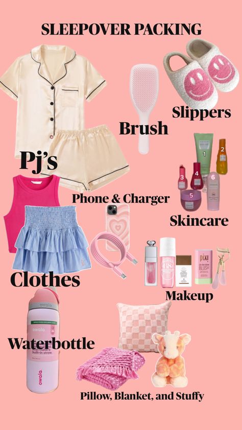 What to pack for a sleepover Pack For A Sleepover, Sleepover Packing, Sleepover Packing List, Trip Essentials Packing Lists, Fun Sleepover Activities, Teen Sleepover Ideas, Sleepover Essentials, Blush Outfit, Teen Sleepover