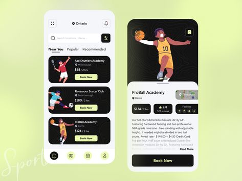 Sports App - Court Booking 🏀 by Sithira Mithmal ✪ Creative App Design, Futsal Court, App Home Screen, Event App, Card Ui, App Home, Booking App, Sports App, Sport Court