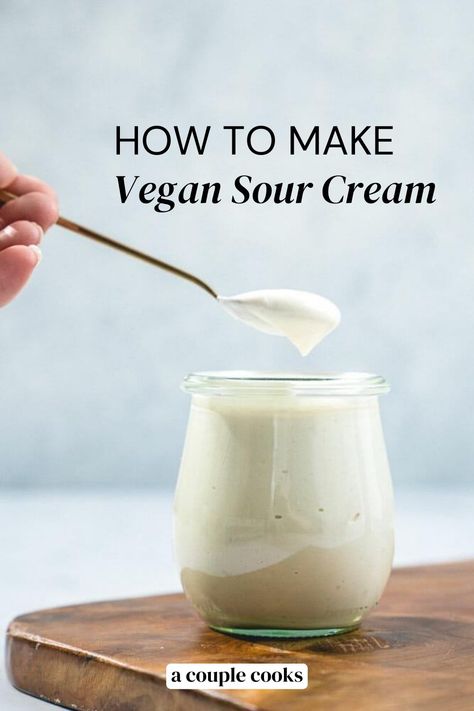 This vegan sour cream is impossibly rich and creamy! Made with only 5 whole food plant based ingredients, it's perfect for dolloping chili and potatoes. | vegan recipes | plant based recipes | sauce recipes | #vegan #sourcream #cream #sauce #plantbased #wfpb Sour Cream Recipe, Cashew Sour Cream, Vegan Potato Salads, Vegan Cheese Recipes, Sour Cream Recipes, Vegan Sour Cream, Vegan Sauces, Vegan Condiments, Easy Vegetarian