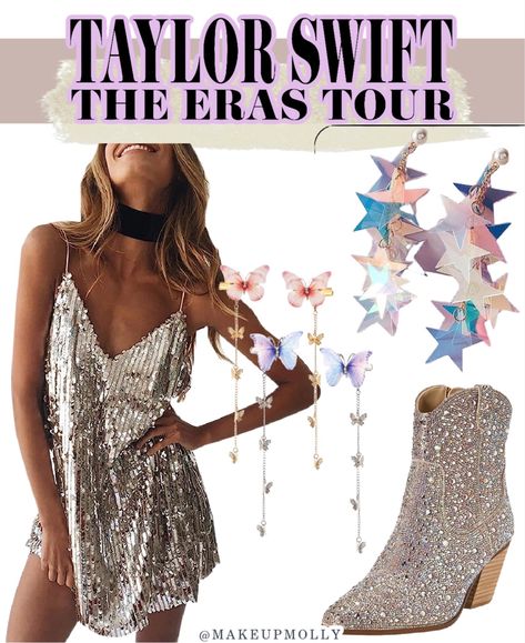 Taylor Swift Sparkly Boots Outfit, Eras Tour Shoes Ideas, Eras Tour Butterfly Outfit, Taylor Swift Sparkly Boots, Taylor Swift Butterfly, Rhinestone Boots Outfit Ideas, Taylor Swift Party Outfit, Taylor Swift Purple Tassel Dress, Sequin Blazer Outfit