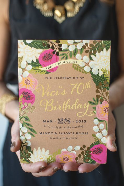 To celebrate a very awesome 70th birthday, the ladies of Little Miss Party hosted a surprise garden brunch for their gorgeous mom.  And from first glance at the botanical invite to a table decked out in garden roses by Blush And Bloom, this celebration has pretty floral details at every turn. Even the cupcakes are in on the […] 70th Birthday Invitations, Garden Party Birthday, Party Invite Design, 70th Birthday Parties, Birthday Brunch, Brunch Invitations, 60th Birthday Party, Posh Party, Feb 7