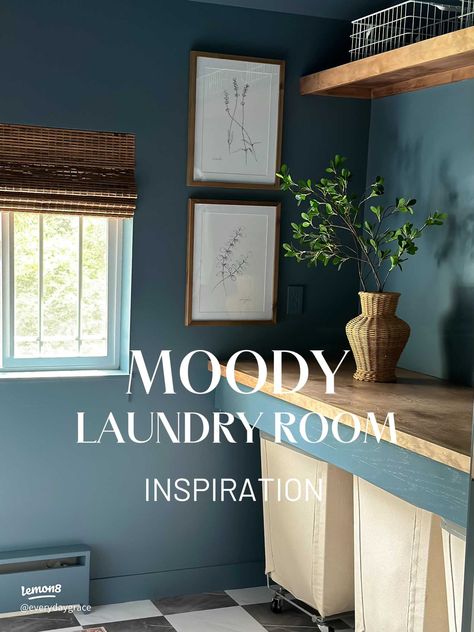 Moody Laundry Room Inspiration | Gallery posted by Lindsey | Lemon8 Grey And Blue Laundry Room, Navy Laundry Room Ideas, Artsy Laundry Room, Dark Teal Laundry Room, Blue Laundry Room Walls, Small Laundry Room Colors, Dark Blue Laundry Room, Moody Laundry Room Ideas, Blue Laundry Room Ideas