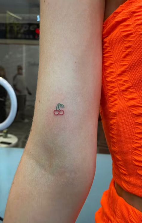 Tiny Cherries Tattoo, Minimal Cherry Tattoo, Cherry Lower Back Tattoo, Cherry Arm Tattoo, Cherry Behind Ear Tattoo, Mini Cherry Tattoo, Small Collar Bone Tattoo, Cherry Tattoo Ideas, Small Cherry Tattoo