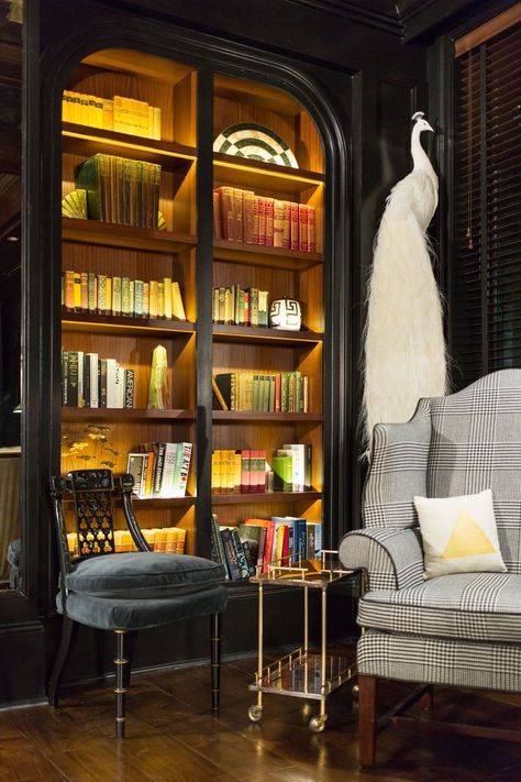 The Spectator Bar at The Spectator Hotel, Charleston - ELLEDecor.com Library Bar, Book Cases, Home Library Design, Hotel Bar, Book Case, A Living Room, Home Library, Built Ins, Charleston