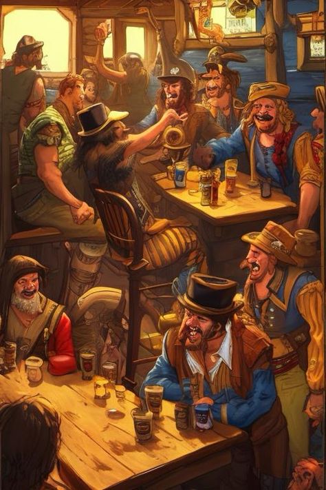 pirate crew sits in an old tavern, drinking beer, laughing and singing exuberantly. The captain sits on the bar and raises his glass. https://apps.apple.com/us/app/genzart-ai-art-generator/id1669915100 Pirate Tavern, Pirate Drinks, Old Tavern, Pirate Crew, Bar Art, Inspo Board, Window Art, Art Generator, Drinking Beer