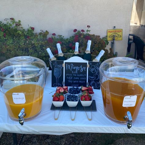 Mimosa bar with champagne, fruit and juice on a table. There’s juice dispensers on either side with little bowls of strawberries and blueberries in the center. Behind the fruit is a chalk board that reads “mimosa bar” and an ice tub with champagne bottles in the back. Mimosa Pitcher, Mimosa Bar Wedding, Mimosa Champagne, Bubbly Bar, Mimosa Bar Sign, Glass Dispenser, Mimosa Bar, Grad Party, Grad Parties