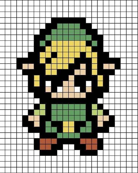 A pixel art template of Link from the Zelda game series. Pixel Link Zelda, Link And Zelda Pixel Art, Korok Zelda Perler, Pixel Zelda Art, The Legend Of Zelda Perler Beads, Pixel Art Pattern Video Games, 8 Bit Pixel Art Grid, Breath Of The Wild Pixel Art, Zelda Beads Pattern