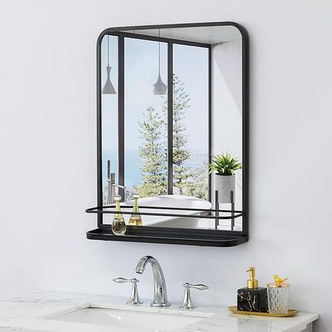 Amazon.com: HMANGE Matte Black Farmhouse Bathroom Mirror with Shelf Modern Vanity Mirror for Wall, Rectangle Metal Framed Rounded Corner Wall Mirror for Bathroom Living Room,Entryway 21" x 26.7" : Home & Kitchen Black Farmhouse Bathroom, Corner Wall Mirror, Farmhouse Bathroom Mirror, Modern Vanity Mirror, Farmhouse Bathroom Mirrors, Arched Window Mirror, Bathroom Mirror Design, Bathroom Mirror With Shelf, Modern Bathroom Mirrors