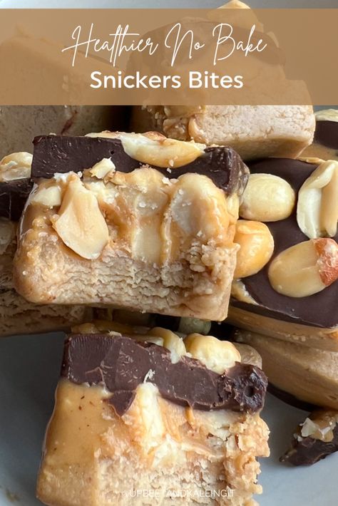 No Bake Snickers Crunch Bars, Meal Prep Sweet Snacks, Protein Snickers Bites, Frozen Healthy Snickers, Best Healthy Sweet Snacks, Sweet Treats To Take To Work, Snickers Bites Healthy, Homemade Healthy Snickers, Healthy Snickers Recipe