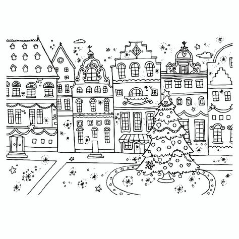 Christmas Village Coloring Page, Christmas Village Doodle, Christmas Village Drawing, Town Drawing, Village Drawing, Christmas Card Illustration, Window Drawing, Gingerbread Village, Doodle Art Journals