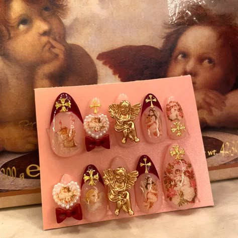 Cherub Nails Designs, Cherub Nails, Cupid Nails, Rococo Nails, Queen Of Hearts Nails, Heaven Nails, Nails Packaging, Angel Nails, Fantasy Nails