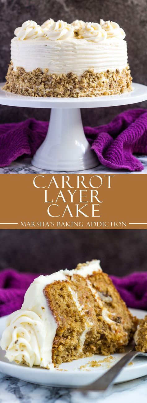 Carrot Layer Cake | http://marshasbakingaddiction.com /marshasbakeblog/ Three Layer Carrot Cake, Carrot Layer Cake, Classic Carrot Cake Recipe, Classic Carrot Cake, Savory Cakes, Carrot Cakes, Moist Carrot Cakes, Carrot Cake Cheesecake, Sweet Carrot